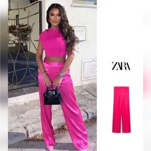 Zara Hot Pink WIDE LEG SATIN Palazzo PANTS Size Medium